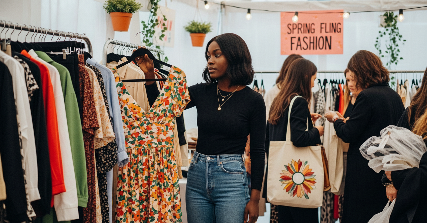 Woman shopping in a clothing store with racks of clothes and other shoppers in the background.